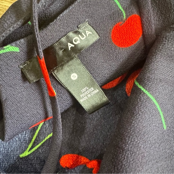 Aqua Cherry print Midi Blue Dress Size Small Red Blue Ruffle Clinch front Dress - Picture 13 of 16